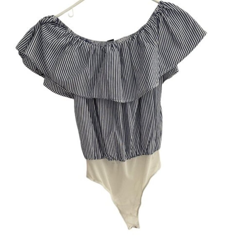 Forever‎ 21 Blue White Striped Off Shoulder Ruffle Bodysuit Womens Small